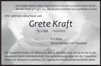 Traueranzeige von Grete Kraft von Pegnitz-Zeitung